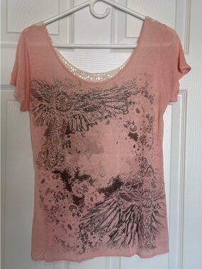 Women's Pink Embellished Graphic Short Sleeve Tee